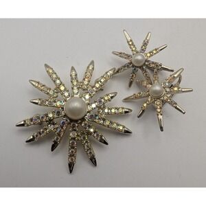 Silver Tone AB Rhinestone Starburst Brooch & Earring Set Faux Pearl Jewelry
